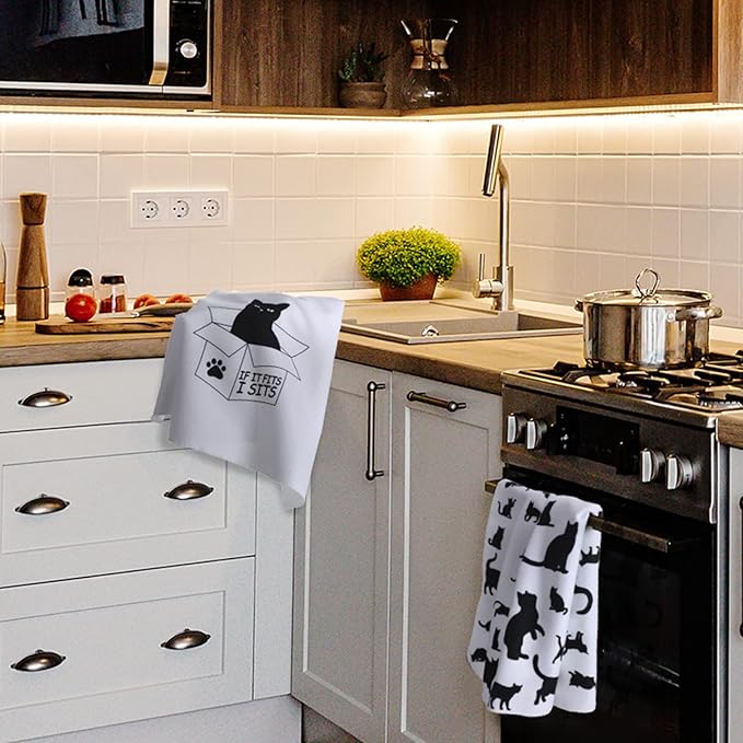 Vesici 4 Pieces Funny Cat Kitchen Towels Cute Cat Theme Dish Absorbent Kitchen Tea Farmhouse Decorative Hand Towels for Housewarming Birthday Pet Lover Fun Gift