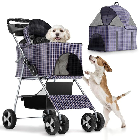 Magshion Foldable Pet Stroller, 3-in-1 Dog Travel Jogger with Detachable Carrier, Cup Holder, Storage Basket, Folding Carrier for Small/Medium Dogs & Cats Up to 33 lbs, Plaid