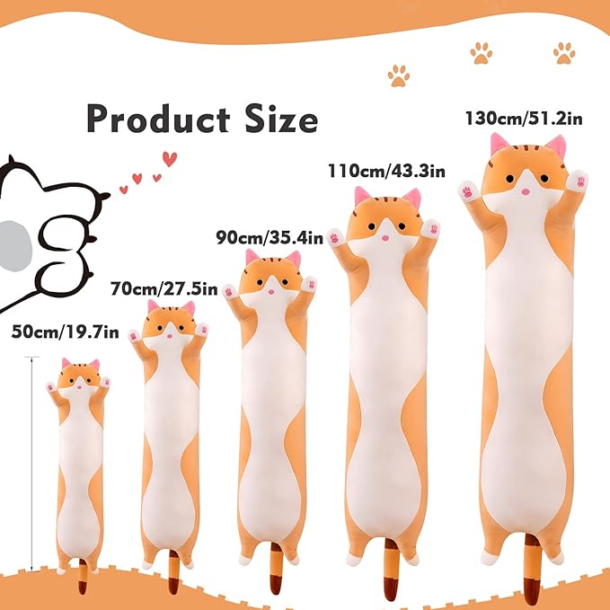 Long Cat Plush Pillow, 43.3in Cute Cat Plushie Stuffed Animals Body Pillow, Yellow Kawaii Kitten Soft Plushie Doll Toy Birthday Gift for Kids Girlfriend