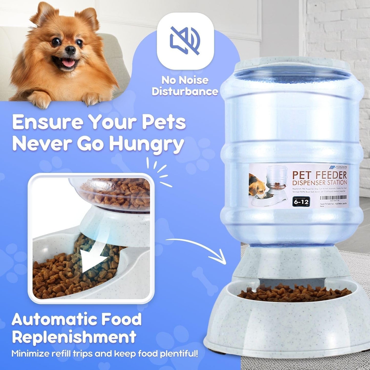 Flexzion Gravity Pet Feeder Food Dispenser (6-12 lb Size) Automatic Replenish Dry Food Storage Container Bowl for Small Medium Breed Dog Cat Animal Feeding Watering Fountain Supplies