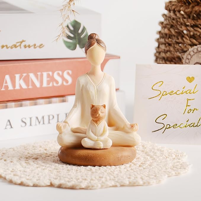 Yoga Meditation Statue Gifts for Women - Mini Yoga Girl with Cat Dog Figurines Gift for Office Cute Relaxation Gifts for Yoga Lovers & Cat Dog Lover Resin Yoga Figurine Decor Table Ornament