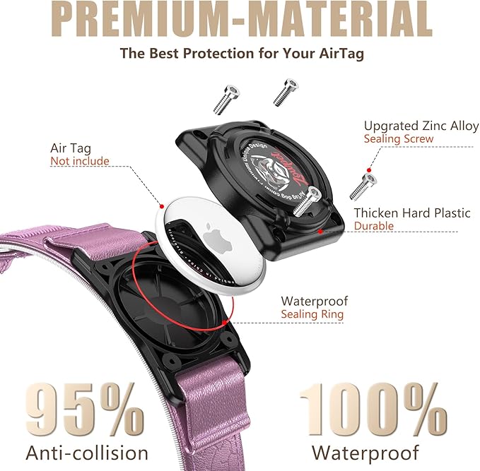 AirTag Dog Collar - Leather Dog Collar with Airtag Holder | IP68 Waterproof AirTag Holder with Metal Buckle, Comfortable GPS Dog Collars Tracker for Medium Large Dogs (Rose Gold, XL)