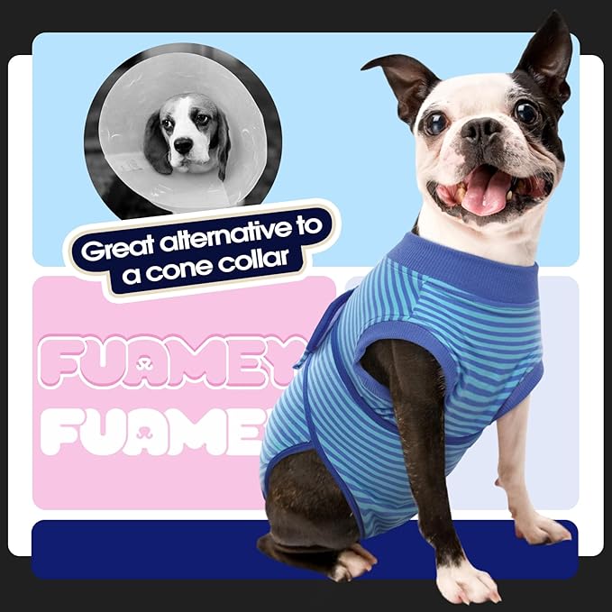FUAMEY Recovery Suit for Dogs After Surgery,Soft Breathable Dog Bodysuit E-Collar & Cone Alternative Surgical Suit,Male Female Dog Neuter Spay Suits Anti Licking Wounds Onesie Navy Blue Strips L