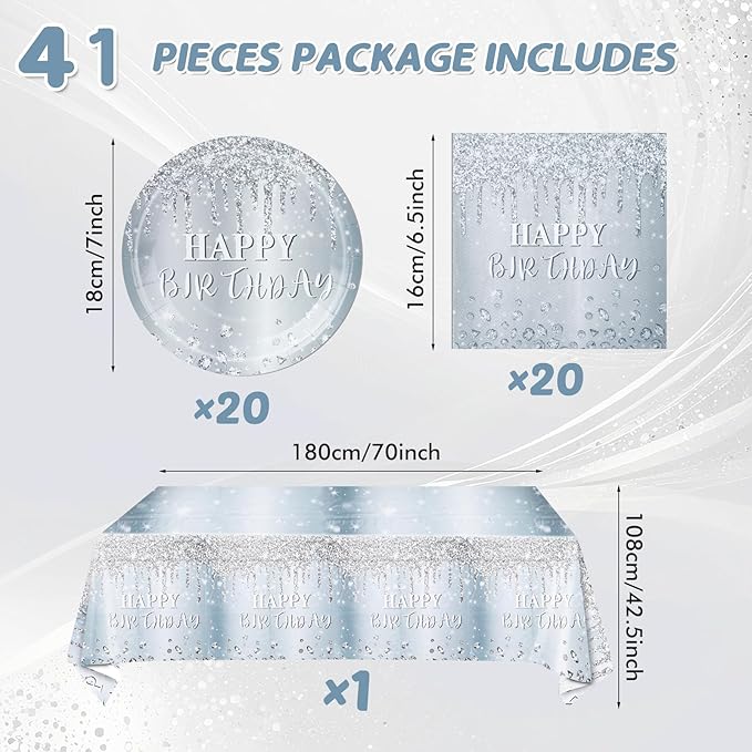 41 Pieces Silver Glitter Tableware Set, Happy Birthday Table Decorations Glitter Diamonds Silver Birthday Theme Dessert Plates Napkins Tablecloth for 20 Guests Silver Glitter Birthday Party Supplies