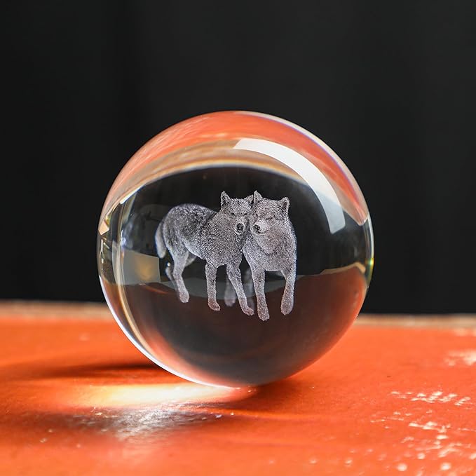 YU FENG 3D Carved Wolf Crystal Ball with Warm White Light Base 2.36 Inch
