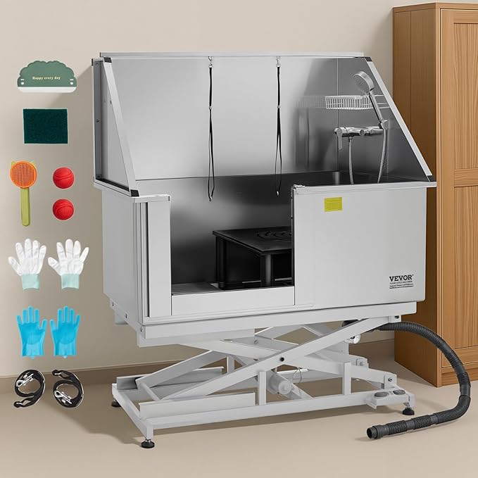 VEVOR Electric Lift Dog Washing Station, 50 inch Professional Stainless Steel Pet Grooming Tub w/PE Water Filter Board, Faucet & Showerhead Dog Bathtub Washing Sink for Multiple Pets (Left Door)