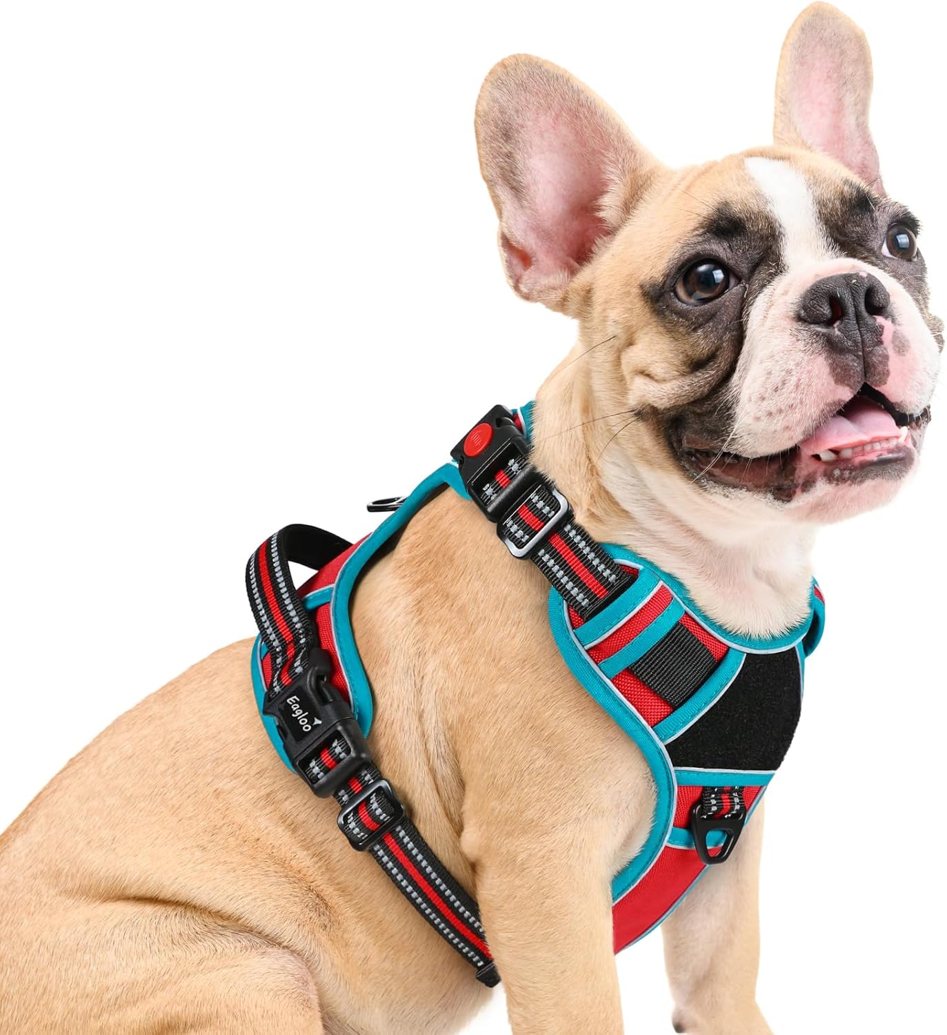 Eagloo Dog Harness Medium Sized, Easy Wearing with 3 Buckles, Adjustable No Pull Pet Harness with 2 Rings for Walking, No Chock Reflective Soft Padded Vest with Control Handle, Red & Teal, M