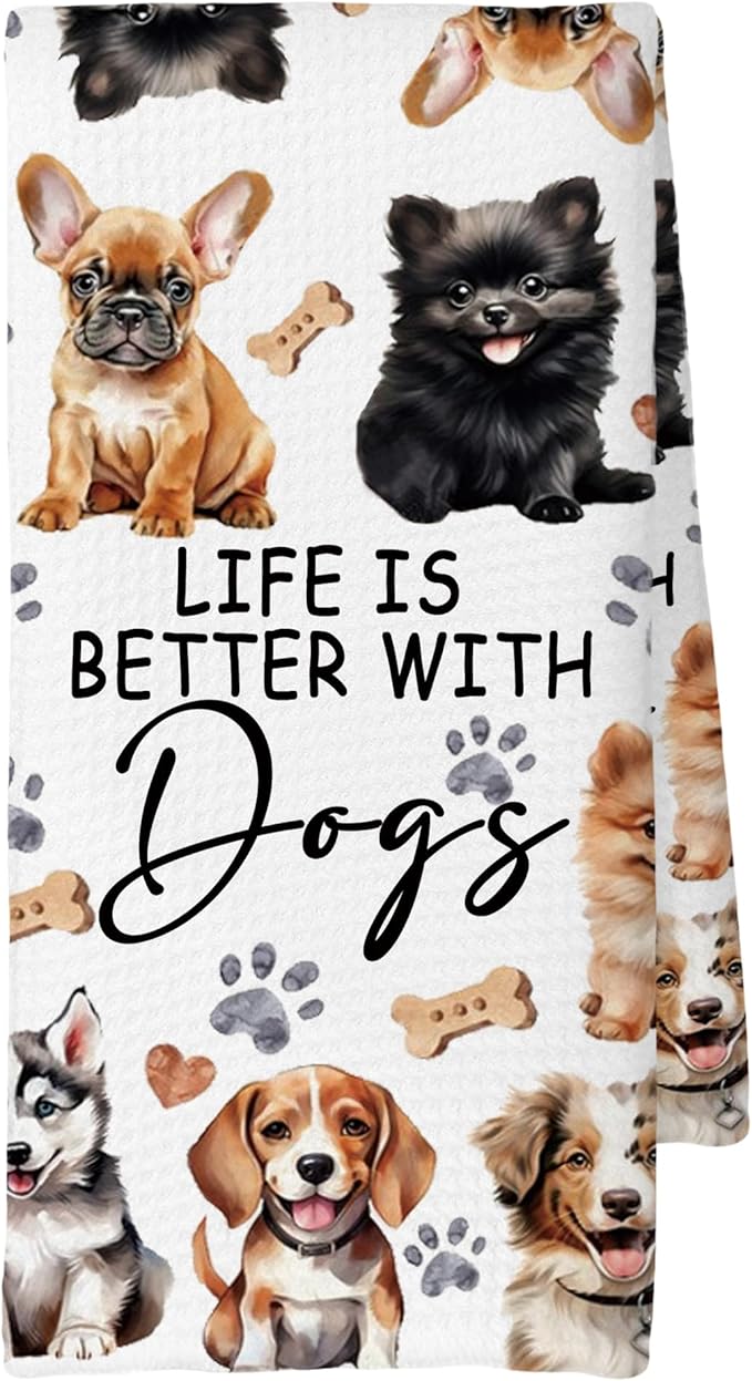 Watercolor Dog Kitchen Towels for Women Lovers, Life is Better With Dogs Decor, Mom Owner Gift Tea Hand Towels 16x24 Inch