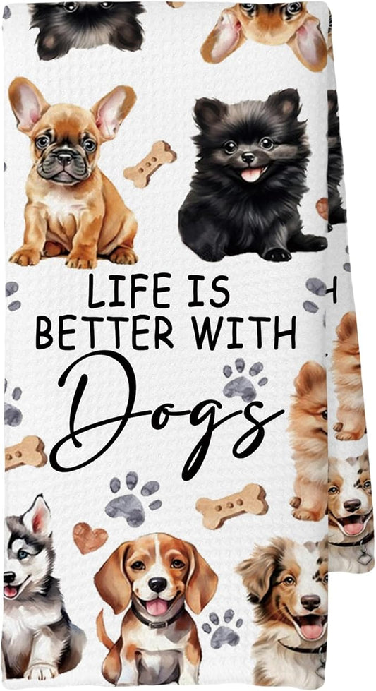 Watercolor Dog Kitchen Towels for Women Lovers, Life is Better With Dogs Decor, Mom Owner Gift Tea Hand Towels 16x24 Inch