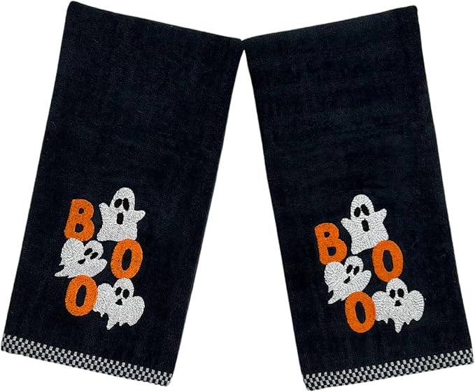Halloween Bathroom Hand Towels, Embroidered Ghosts, Boo Design, Set of 2, Black 16 x 25 inches