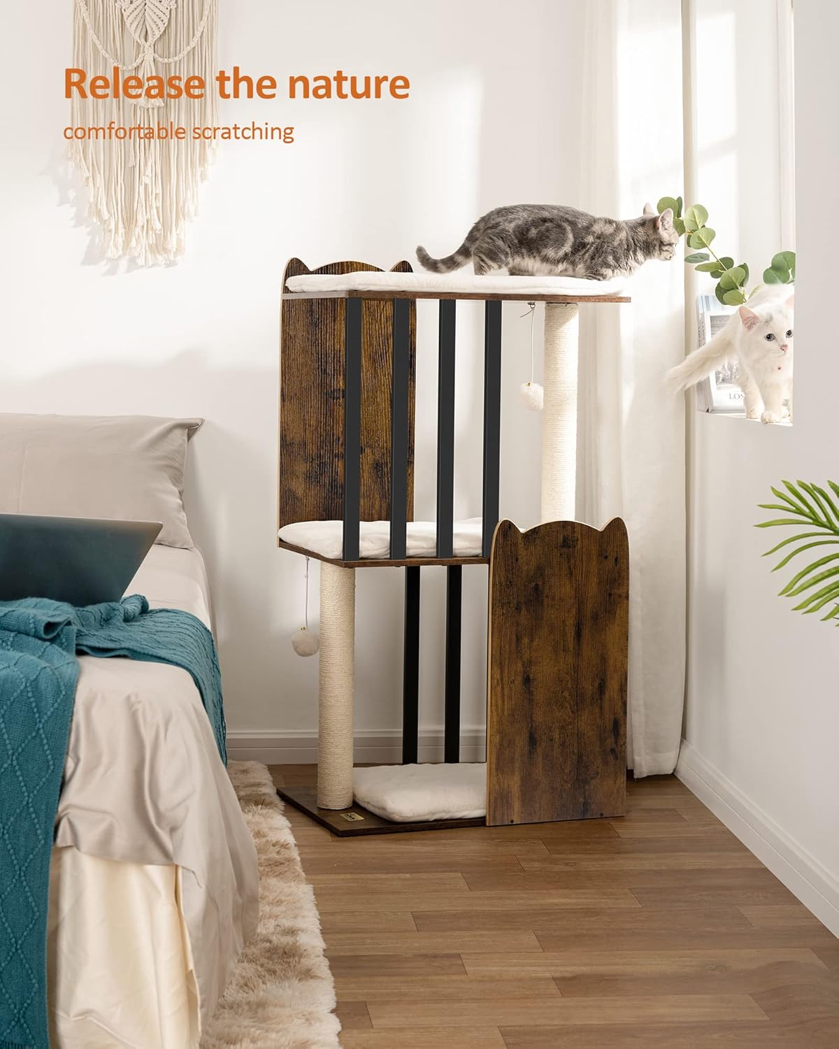 FourFurPets 43.8in 3-Tier Modern Cat Tree Tower Condo, Cat Scratch Posts for Indoor Cats, Big Plate, Two 19.7in Full Sisal Scratching Posts, Rustic Brown