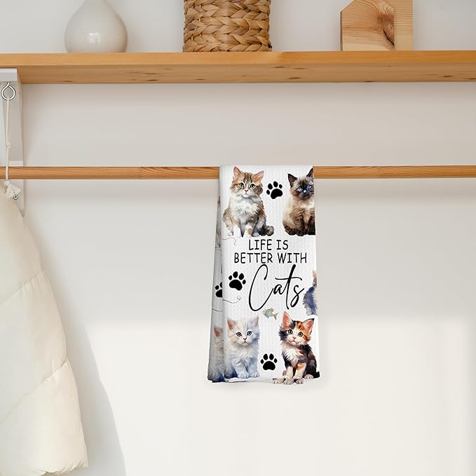 Watercolor Cat Gifts Kitchen Towels, Cat Gifts for Women, Cat Gifts for Cat Lovers, Best Cat Mom Gift, Life is Better with Cats Kitty Decoration Tea Towels Kitchen Hand Towels 16x24 Inch