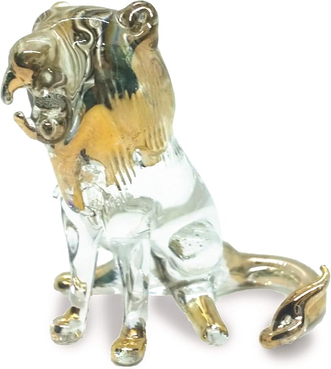 WitnyStore Tiny 1½" Long Clear Gold Sitting Lion Roaring Figurine - Miniature Hand Blown Painted Glass Panthera Wild Cat Small Crystal Wildlife Animals Decorative Collectible Figurines Décor Gifts