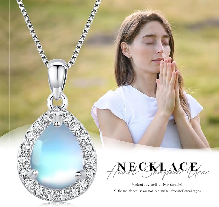 Urn necklace for Ashes 925 Sterling Silver Opal/Turquoise/Moonstone/Moss agate Pendant Cremation Memory Jewelry Keepsake Gifts for Women