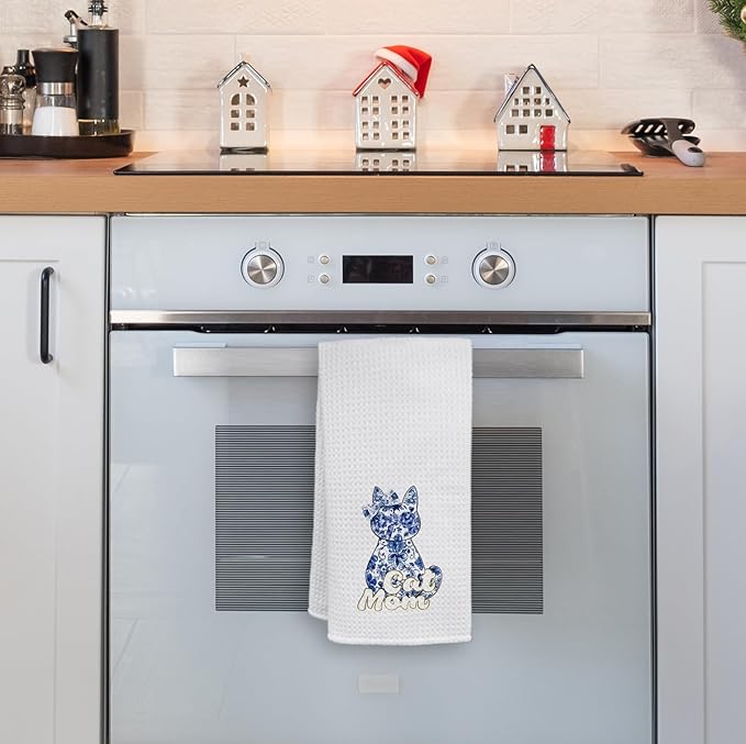 HIWX Cat Mom Kitchen Towels, Blue Chinoiserie Floral Kitty Decorative Kitchen Dish Towels, Cat Mom Lady Lovers Owners Gifts for Women Hand Towels for Bathroom Decor, 16x24 Inches