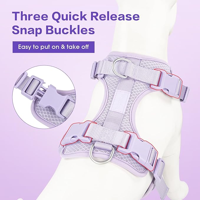 Wisedog Mesh Breathable Dog Harness: No Pull Harness with 3 Fast-Release Buckles Adjustable for Walking & Training for Small Medium Large Dogs (Lilac, L: Neck=20"-25"/Chest=17"-33")