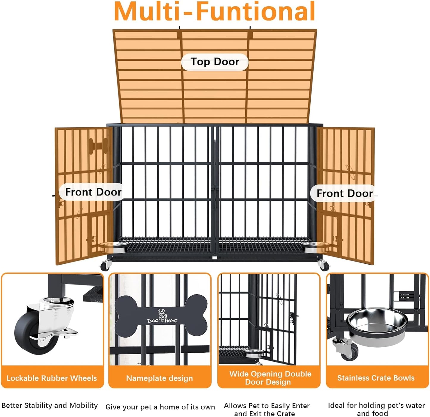 aboxoo 42/48 inch Heavy Duty Metal Dog Crate for 2 Dogs/Large Dog,All Metal Open Top Stackable,Dog Kennel Indoor with Wheels,Floor Grid, Tray, Divider and Feeding Bowl