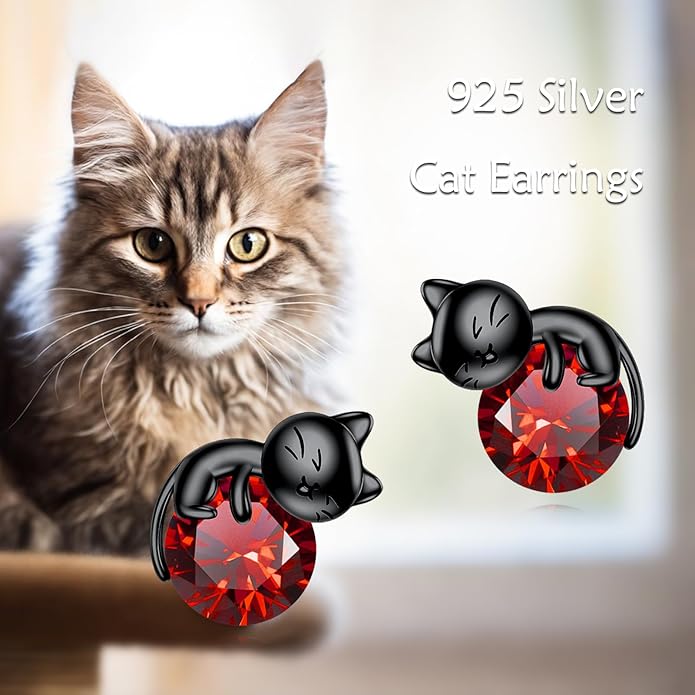 Sterling Silver Birthstone Black Cat Stud Earrings - Cat Birthstone Earrings for Women's Birthday Gift