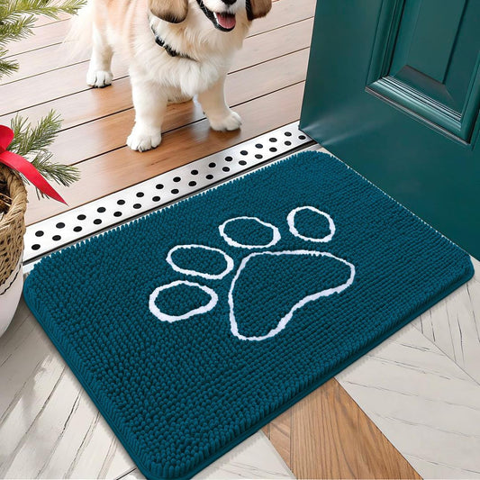 OLANLY Door Mat for Muddy Dog Paws 24x16, Absorbent Chenille Mud Doormat with Paw Print Design, Non-Slip Washable Doormat for Indoor Entryway, Quick-Dry Pet Bed Mats for Dirty Dogs, Atlantic Blue