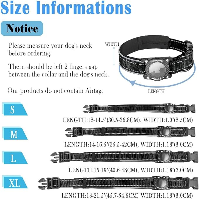 Upgraded AirTag Dog Collar, IP68 Waterproof Dog Collar with Apple Air Tag Holder, Reflective Adjustable Heavy Duty Dog Collars with Soft Padded for Small, Medium and Large Dogs,Black, S