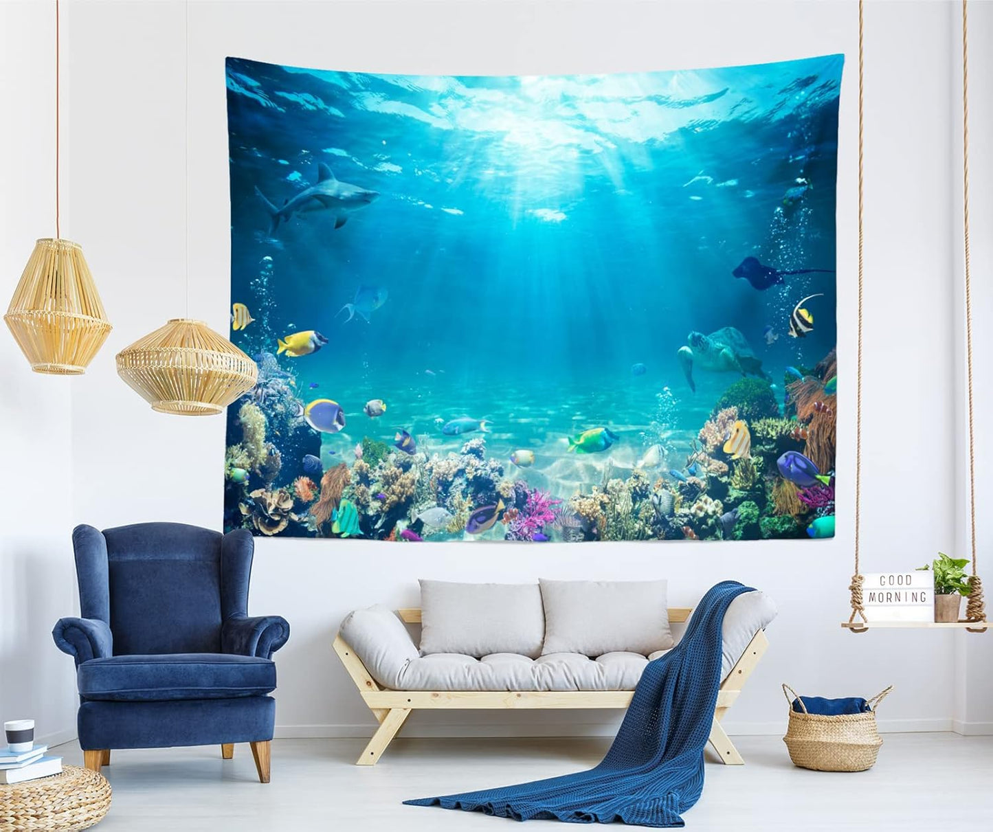 Loccor Underwater World Tapestry Blue Ocean Wall Hanging Under the Sea Coral Reef Wall Tapestry 80X60 Inches Tropical Fish Tank Undersea Tapestries Marine Wall Art for Bedroom Living Room Dorm Decor