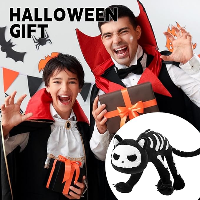 Halloween Black Cat Plush, Skeleton Stuffed Animal Pillow, Cute Plushie Doll Toy Gift for Fans, Boys and Girls Birthday Gifts
