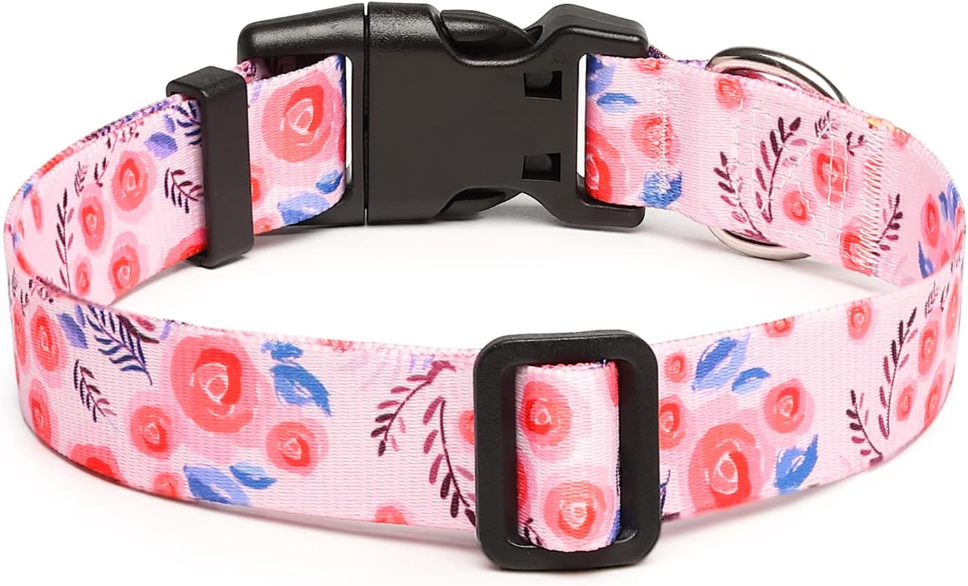 Mercano Adjustable Dog Collar - Special Design Patterns, Soft Nylon Comfortable Durable Pet Collar for Small Medium Large Dogs (L, Rose)