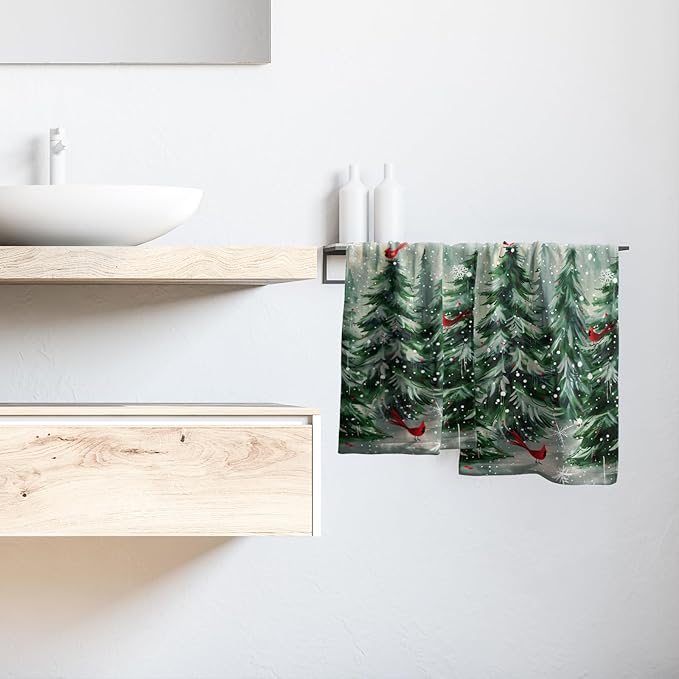 Winter Pine Tree Hand Towels Set of 2 Red Bird Decorative Bath Towel Soft Highly Absorbent Kitchen Tea Dish Towels for Bathroom Spa Gym
