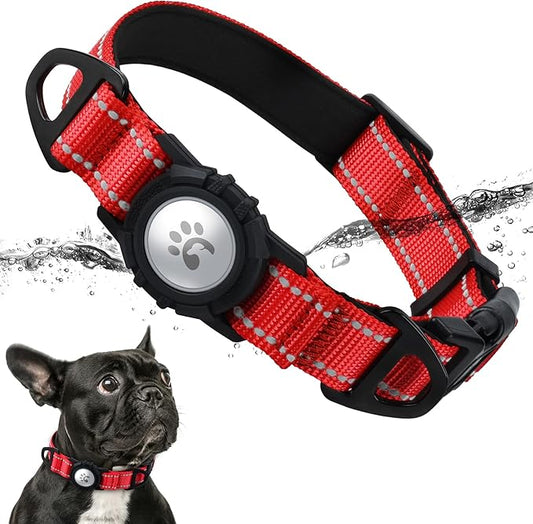 TagME Airtag Dog Collar,Waterproof Reflective Pet Collar with Airtag Holder,Soft Padded and Double D-Rings for Puppy,Red