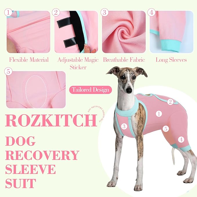 ROZKITCH Dog Surgery Leg Sleeve Rear Legs, Male Female Pet Prevent Licking Wound Elbow Knee Protector, Dog Recovery Suit Cone Collar Alternative Pants Shirt for Wound Heal Wrap Pink 3XL