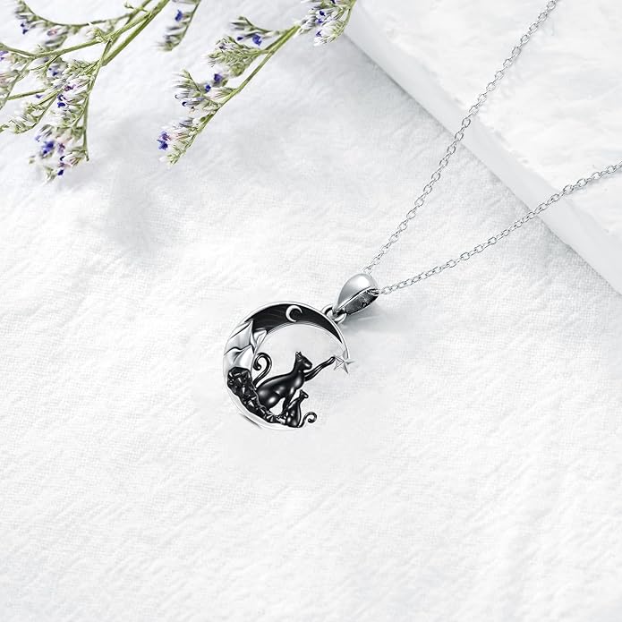 Gothic Jewelry Bat/Cat/Wolf/Dragon/Owl/Fox/Spider/Sun Pendant Sterling Silver Crescent Moon Necklace for Women Girls Black Jewelry Gifts