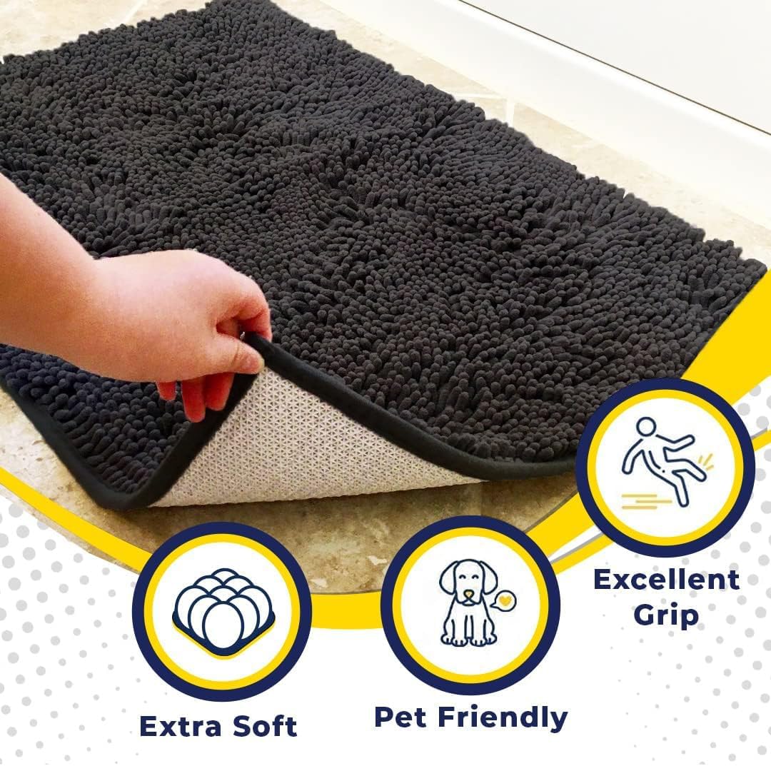 Muddy Mat® AS-SEEN-ON-TV Highly Absorbent Microfiber Door Mat and Pet Rug, Non Slip Thick Washable Area and Bath Mat Soft Chenille for Kitchen Bathroom Bedroom Indoor and Outdoor - Charcoal 36" x 120"