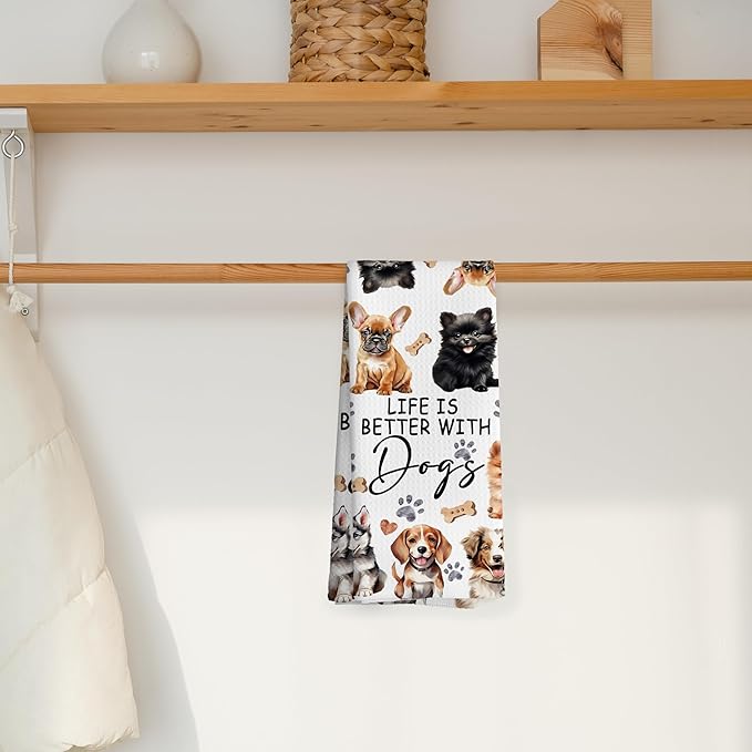 Watercolor Dog Kitchen Towels for Women Lovers, Life is Better With Dogs Decor, Mom Owner Gift Tea Hand Towels 16x24 Inch