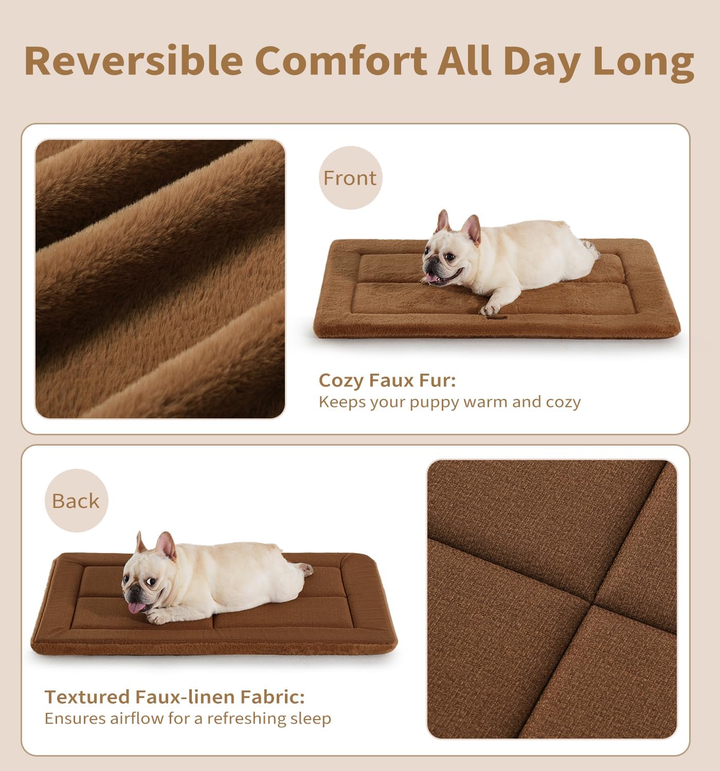 Made4Pets Dog Crate Pad Bed for Small Dogs, Washable & Reversible, Anti-Slip Kennel Mat for Cozy Sleeping, Soft Fluffy Dog Bed for Indoor & Outdoor Use, 24"x18", Brown