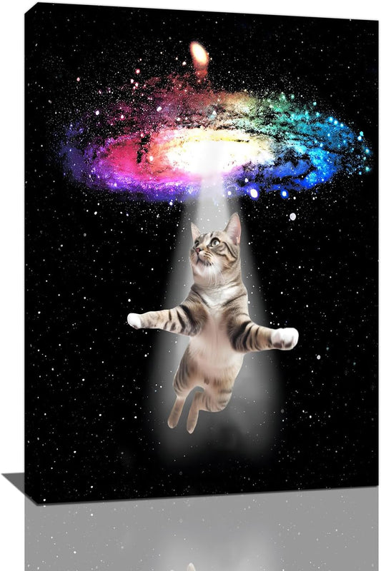Funny Cat Wall Art Canvas Galaxy Wall Decor Prints Framed Painting Animal Pictures Gifts Artwork for Bathroom Living Dining Kitchen 16"x24"