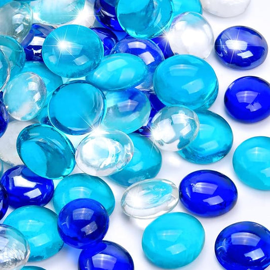 2LB Blue Mix Flat Glass Marbles for Vases, Mancala Stones Gemstone Beads Vase Filler Decorative Glass Pebbles for Fish Tank, DIY Crafts, Aquarium Decor Rocks