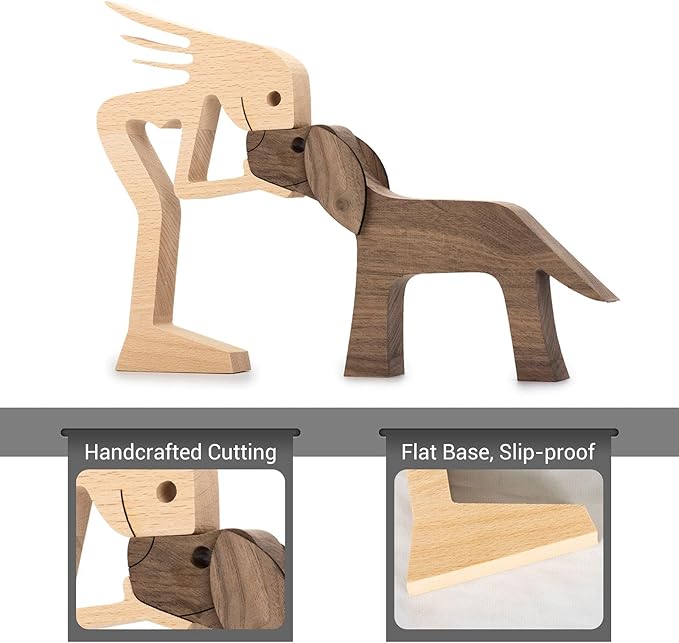 Wooden Sculptures Handmade Accents Craft Figurine for Home Decor Accents, Woman and Dog Wooden Statue, Animal Sculptures Collection, Gift for Men Women Natural ECO Friendly Large Size 10x6x0.8 inches