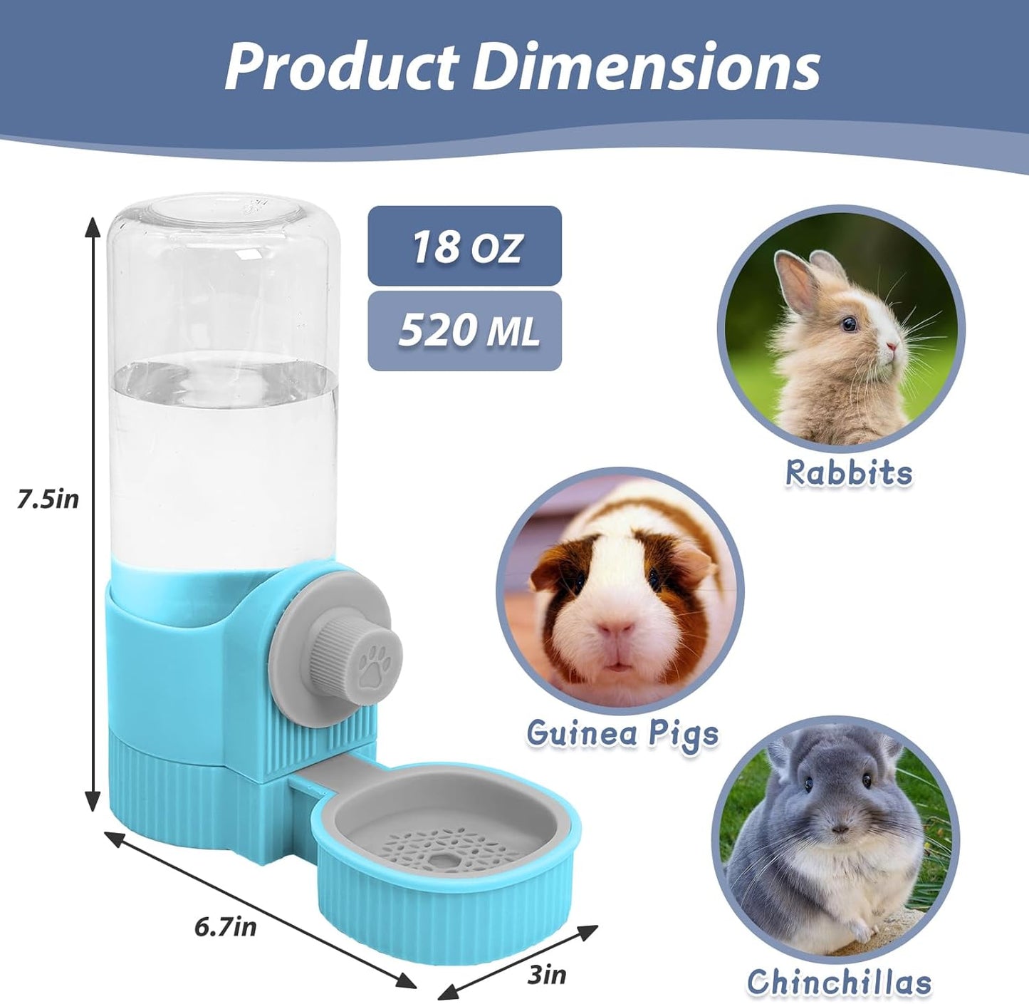 Fhiny Rabbit Water Bottle, 18oz Hanging Guinea Pig Water Bottle No Drip Gravity Bunny Water Dispenser for Cage Automatic Rabbit Waterer for Bunny Guinea Pig Chinchilla Ferret Cat Puppy