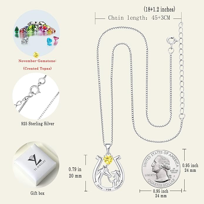 YL Women's Horse Necklace 925 Sterling Silver Horseshoe Pendant Birthstone Animals Jewelry