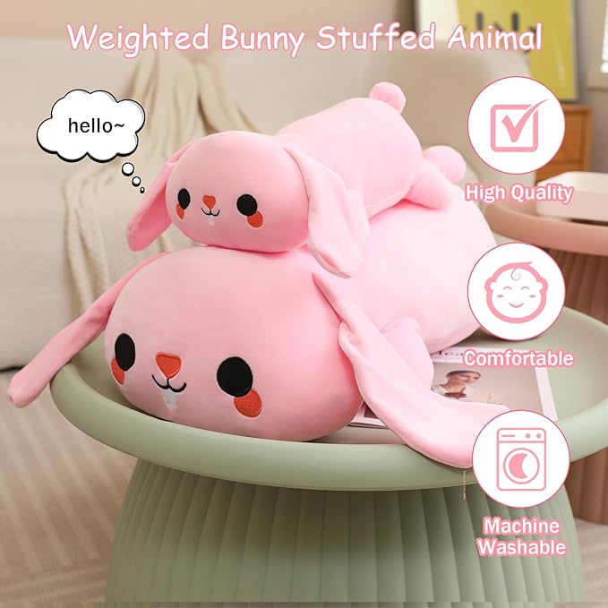 SQEQE Weighted Bunny Plush, Weighted Bunny Stuffed Animal, Cute Plushies Soft Pink Pillow Toy Gift for Kids Adults 23.6 Inch, 3.1 Lbs