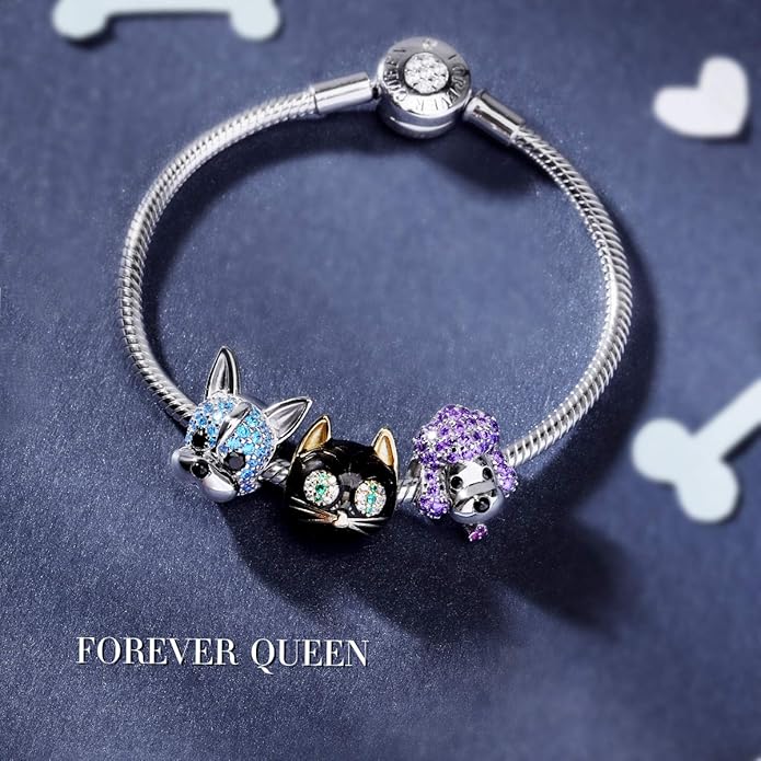 FOREVER QUEEN Black Cat Charm in 925 Sterling Silver with Black Enamel& 5A Zircon for Pandora Bracelet Necklace, Animal Head Bead Charm- Your Lucky Cat Women Men Girls Boys Gifts