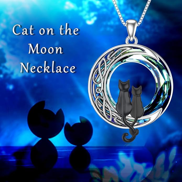 TOUPOP Cat Gifts for Cat Lovers 1 2 3 Cats Necklace Sterling Silver Cat on the Moon Pendant Necklace with Blue Circle Crystal Birthday Christmas Celtic Jewelry Gifts for Women