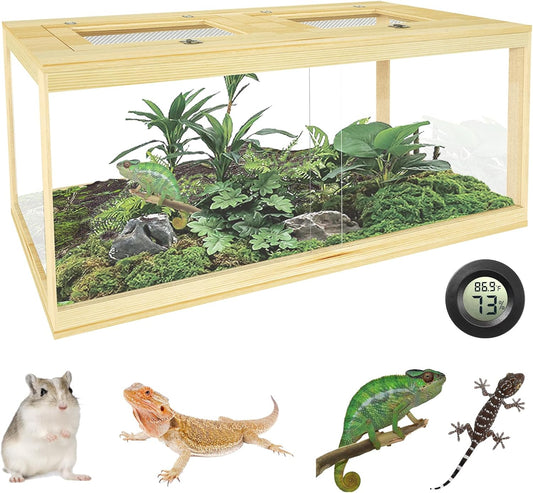 80 Gallon Reptile Tank - 48" Lockable Sliding Door Bearded Dragon & Snake Tank with Metal Mesh Roof, Front Opening Terrarium for Lizards, Leopard Gecko (Wood, 48" x 20" x 20")