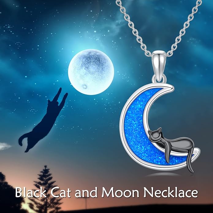 LONAGO Black Cat Moon Necklace with Created Blue Opal Sterling Silver Black Cat Necklaces Gift for Women