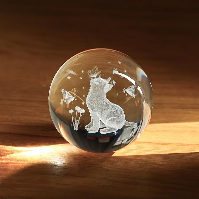 YU FENG 3D Carved Cat Crystal Ball with Luminous Base for Cat Lovers 2.36 Inches