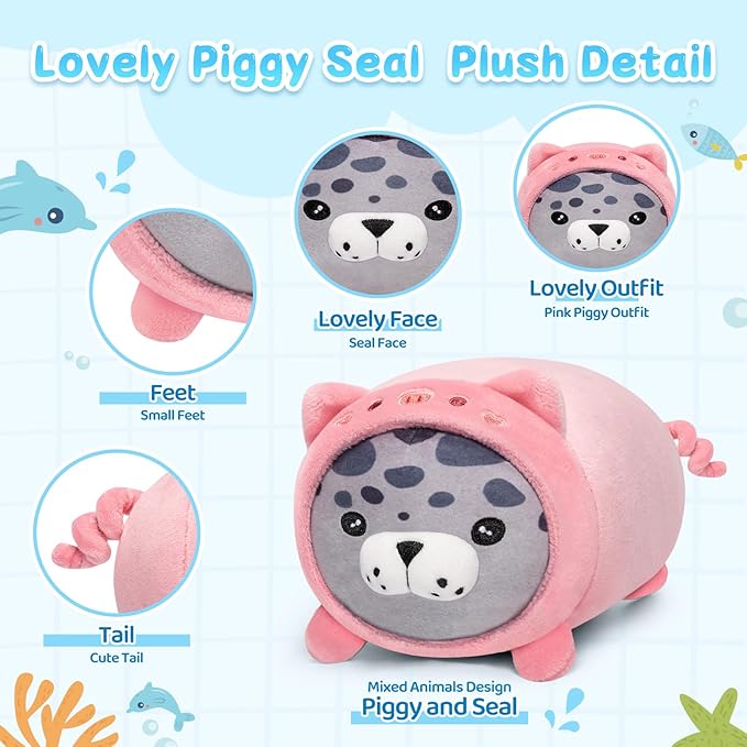 Piggy Seal Plush, Kawaii Pig Plushies Toy, Seal Plushie with Pig Outfit Costume, Anime Plushie Doll, Cute Stuff Toys Gift for Girls, Boys and Males (8 Inch)