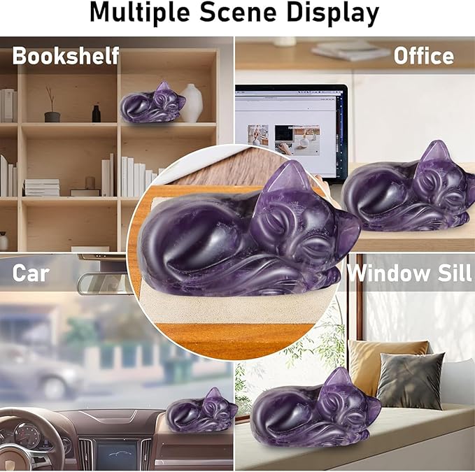 2" Sleeping Cat Statue Healing Crystals Hand Carved Cute Kitten Figurine, Worry Stone for Anxiety relif Home Desk Decor Animal Figurine