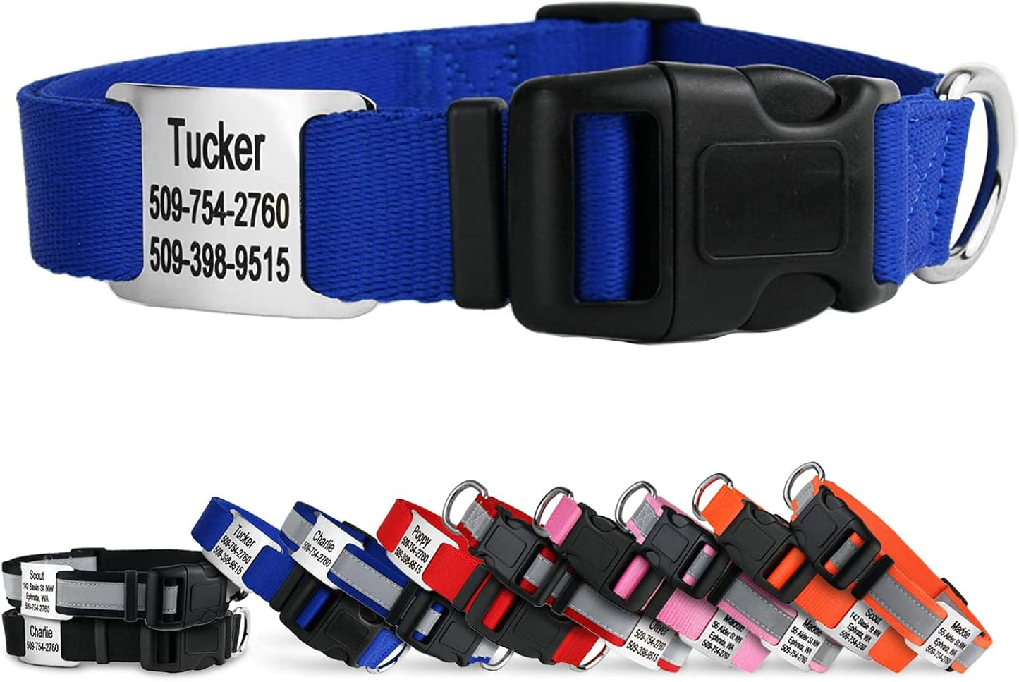 GoTags Personalized Dog Collar with Nameplate, Adjustable Dog Collar with Custom Engraved Slide On Pet ID Tag in Stainless Steel, Silent, No Noise Dog Tag for Large Medium and Small (Blue, X-Small)