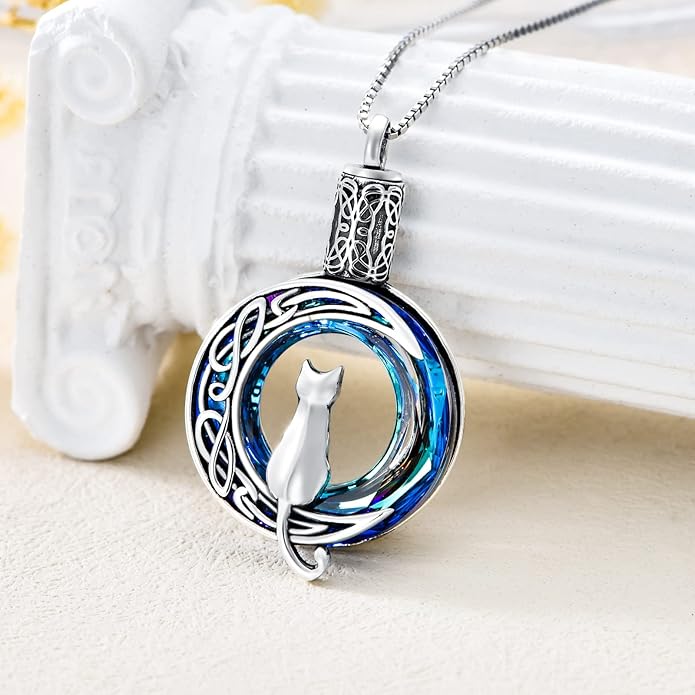 TOUPOP Cat Cremation Jewelry for Ashes Sterling Silver Cat Moon Urn Necklace that Hold Human Pet Ashes Memorial Keepsake Jewelry