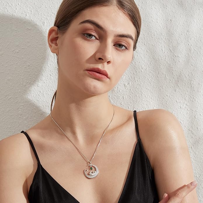 jiamiaoi 18K White Gold Plated Cat Necklace 925 Sterling Silver Diamond Cat Necklace Silver Cat On Moon Necklace for Women Gift for Birthday/Christmas, Come with Gift Box